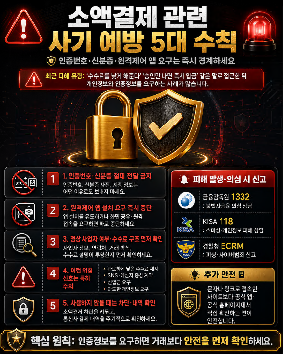 소액결제 사기 예방을 위한 인증번호 전달 금지, 원격제어 앱 주의, 신고처 안내를 담은 보안 포스터