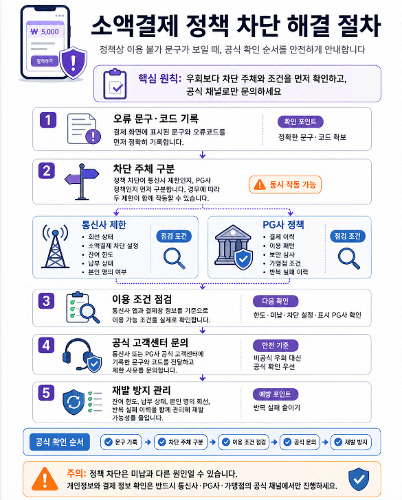 소액결제 정책 차단 발생 시 오류 문구 기록, 차단 주체 확인, 공식 문의 절차를 안내한 플로우