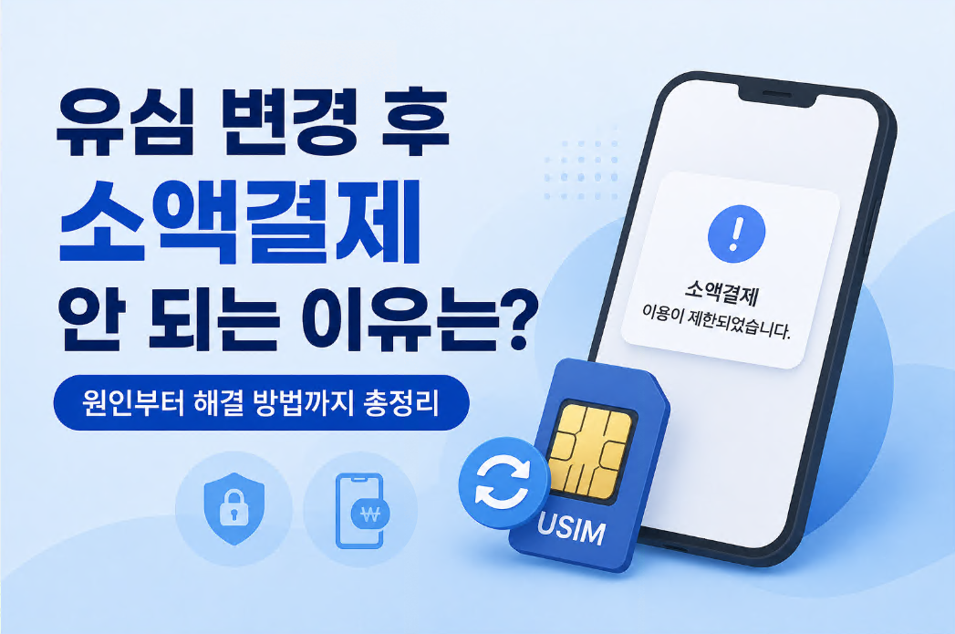 유심 변경 후 소액결제 제한과 오류를 스마트폰과 USIM 카드로 표현한 이미지