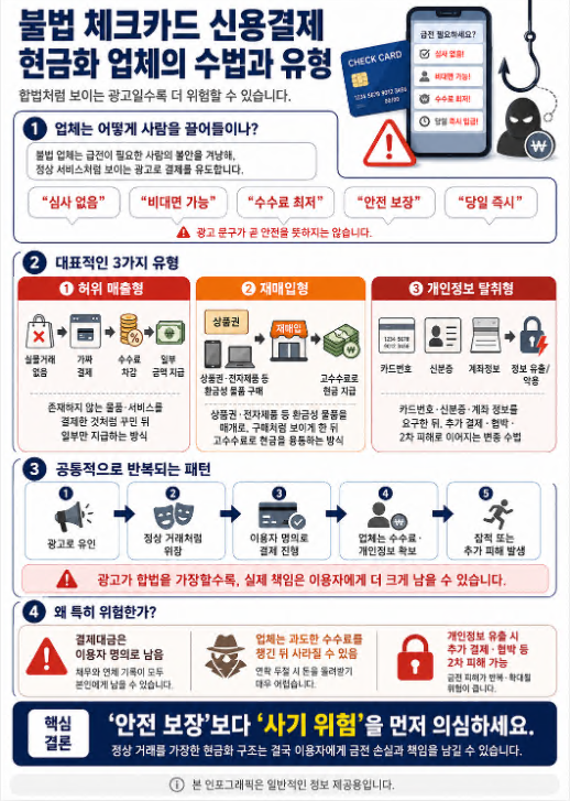 불법 체크카드 신용결제 현금화 업체의 광고 수법과 허위 매출형, 재매입형, 개인정보 탈취형 유형을 설명한 인포그래픽