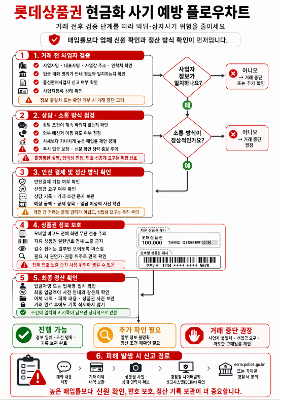 롯데상품권 현금화 전 사업자 검증, 상담 확인, 상품권 정보 보호, 정산 확인, 신고 경로를 정리한 사기 예방 플로우차트 이미지