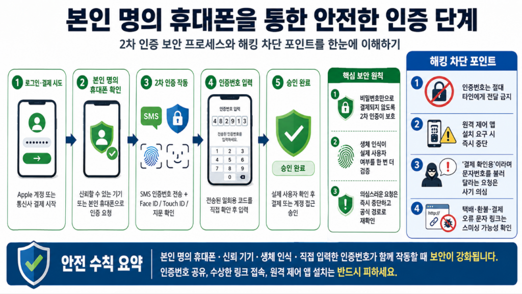 본인 명의 휴대폰 2차 인증 과정과 해킹 차단 포인트를 설명한 보안 인포그래픽