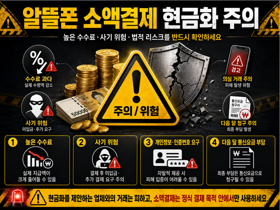 알뜰폰 소액결제 현금화의 높은 수수료, 사기 위험, 개인정보 요구, 통신요금 부담을 경고하는 이미지