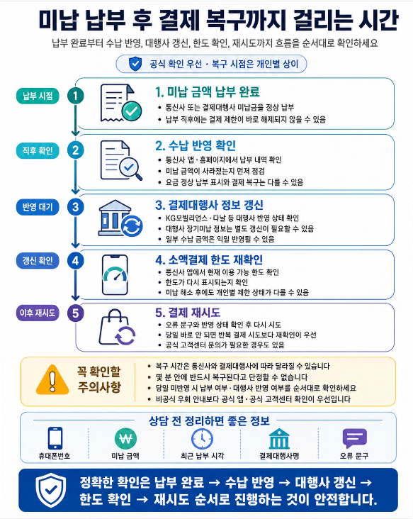 소액결제 미납 납부 후 수납 반영, 결제대행사 정보 갱신, 한도 재확인, 결제 재시도까지의 흐름을 보여주는 타임라인 이미지
