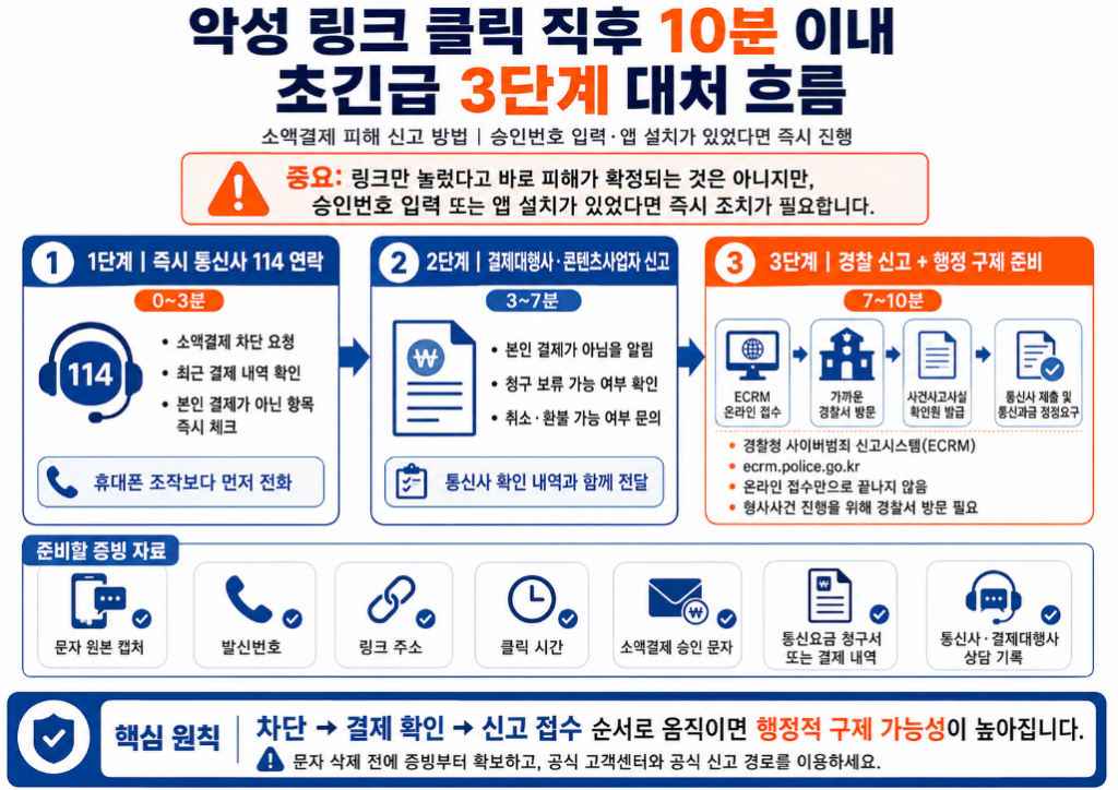 악성 링크 클릭 후 통신사 114 연락, 결제대행사 신고, 경찰 신고 순서를 안내한 긴급 대응 이미지
