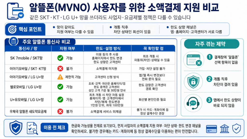 SK 7mobile, 이야기모바일, 헬로모바일, U+유모바일, 우체국 알뜰폰의 소액결제 지원 여부를 비교한 표