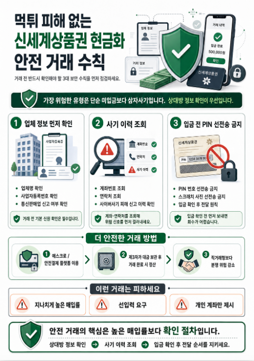 신세계상품권 현금화 거래 전 업체 정보, 사기 이력, PIN 선전송 금지를 확인하는 안전 거래 수칙 인포그래픽