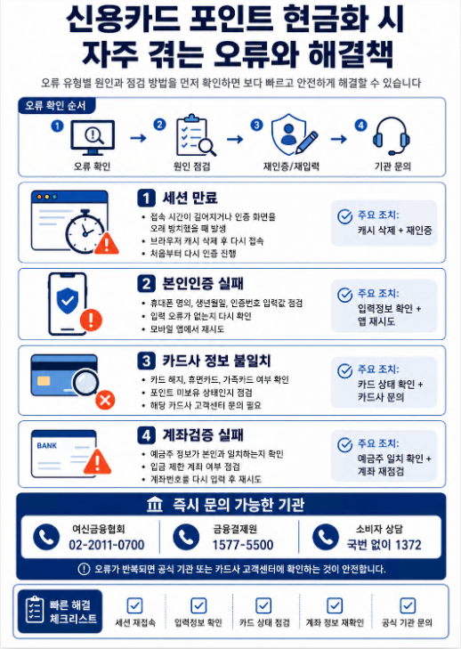 신용카드 포인트 현금화 중 발생하는 세션 만료, 본인인증 실패, 카드사 정보 불일치, 계좌검증 실패 해결법 인포그래픽