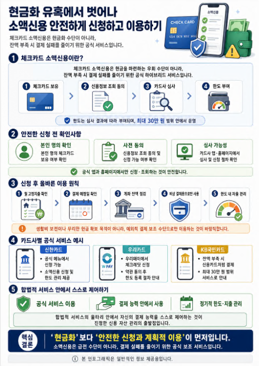 체크카드 소액신용을 현금화 수단이 아닌 공식 하이브리드 서비스로 안전하게 신청하고 이용하는 방법을 설명한 인포그래픽