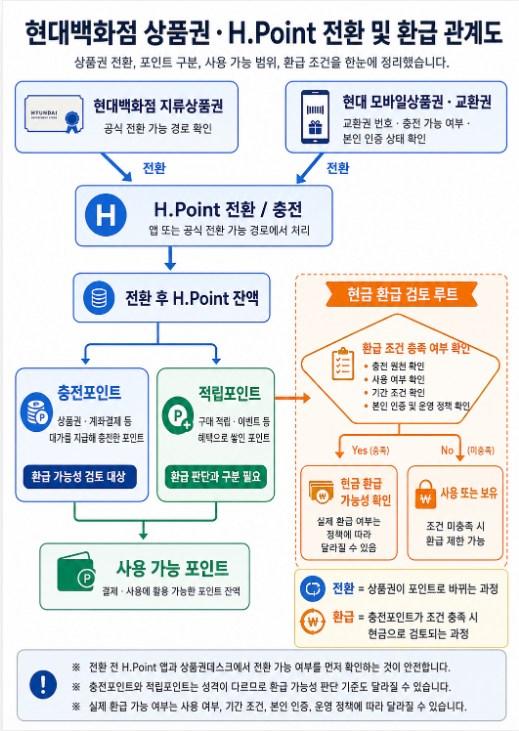 현대백화점 지류상품권과 모바일상품권이 H.Point로 전환되는 구조와 전환 후 충전포인트, 적립포인트, 사용 가능 포인트, 환급 조건의 관계를 정리한 관계도 이미지