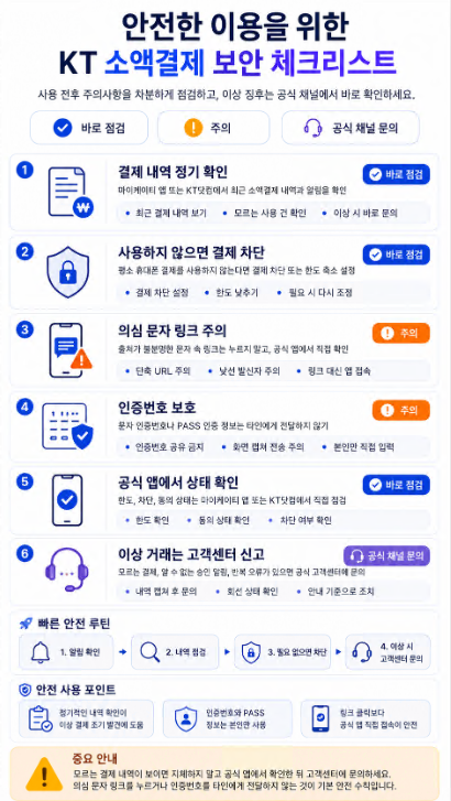 KT 소액결제를 안전하게 이용하기 위해 결제 내역 확인, 결제 차단, 의심 문자 주의, 인증번호 보호, 공식 앱 확인, 고객센터 신고를 안내하는 보안 체크리스트