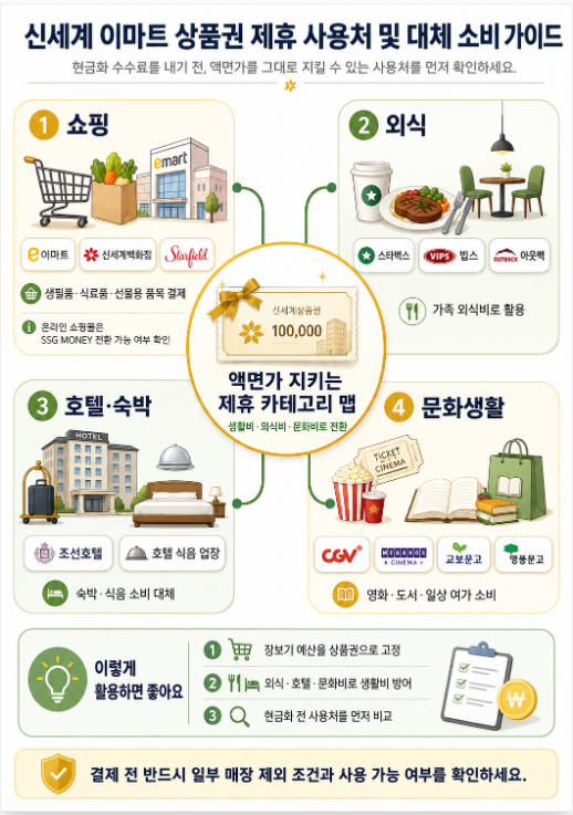 신세계 이마트 상품권을 쇼핑, 외식, 호텔, 문화생활 제휴 사용처로 나누어 정리한 카테고리 맵