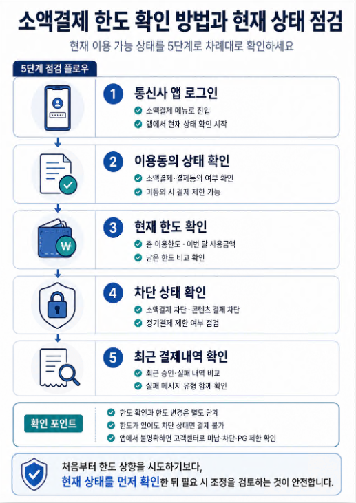 통신사 앱 로그인부터 이용동의, 현재 한도, 차단 상태, 최근 결제내역까지 확인하는 5단계 점검 플로우 이미지