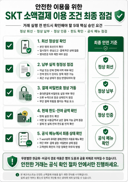 SKT 소액결제 전 확인해야 할 회선 정상성, 납부 상태, 인증, 한도, 공식 메뉴 확인 항목을 정리한 체크리스트