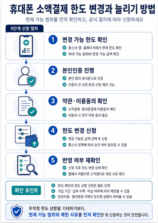 휴대폰 소액결제 한도 변경을 가능 한도 확인, 본인인증, 약관 동의, 변경 신청, 반영 확인 순서로 안내한 5단계 절차 이미지