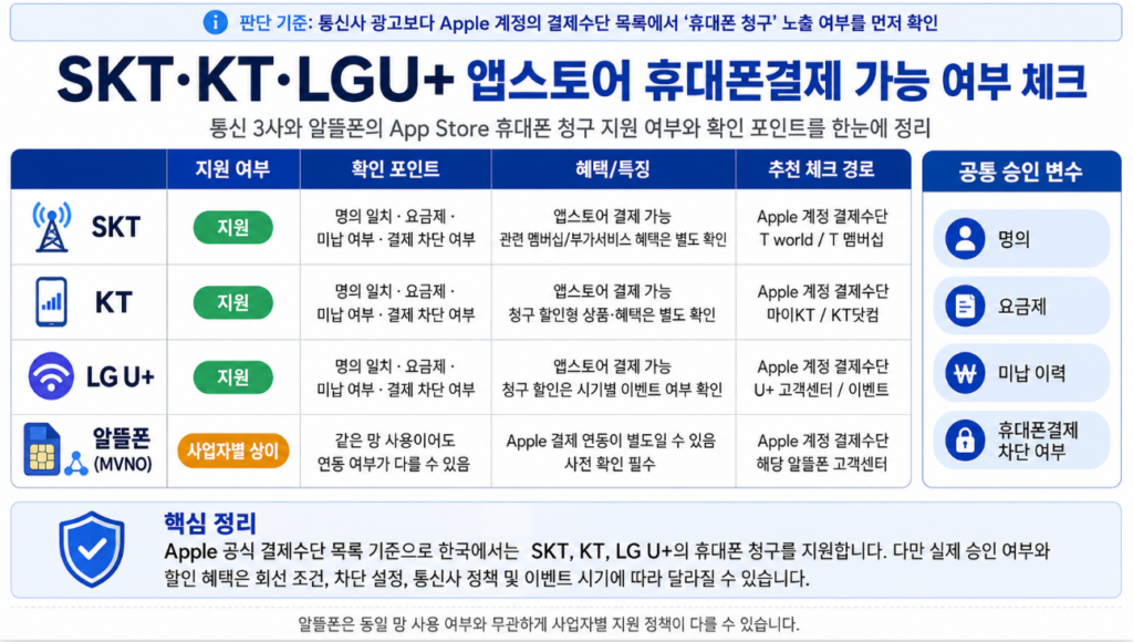 SKT KT LGU+와 알뜰폰의 앱스토어 휴대폰결제 지원 여부를 비교한 표